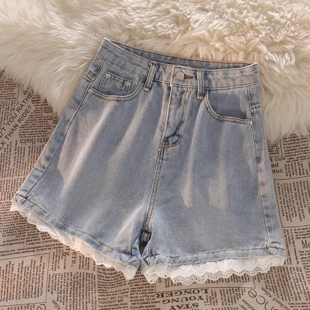 Denim Shorts Women's High waist Lace Design Hot Pants Light Blue - Shop at LoveMi