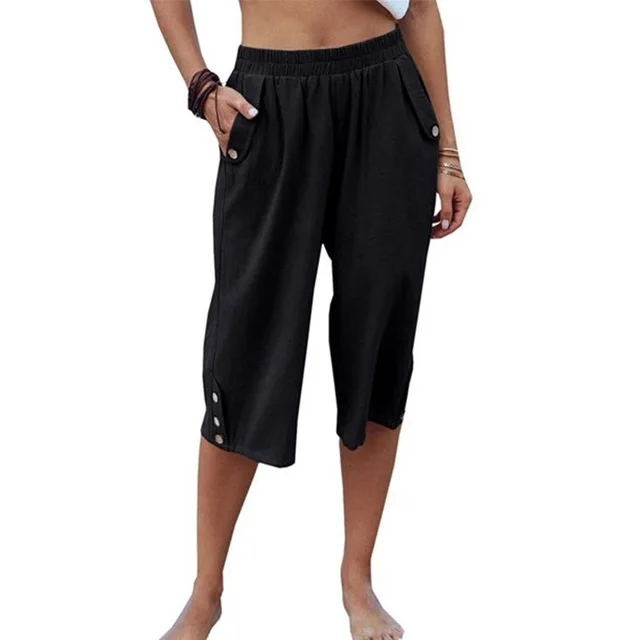 Solid Color Sports Casual Cropped Pants Cotton Linen Loose Women's Pants Black - Shop at LoveMi