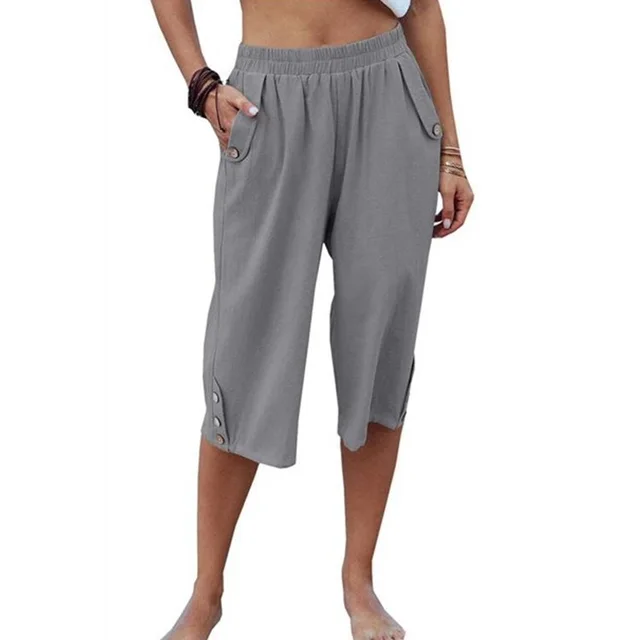 Solid Color Sports Casual Cropped Pants Cotton Linen Loose Women's Pants Gray - Shop at LoveMi