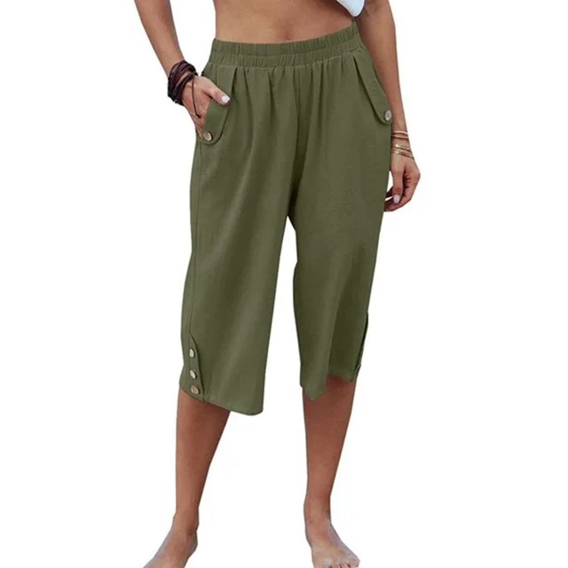 Solid Color Sports Casual Cropped Pants Cotton Linen Loose Women's Pants Green - Shop at LoveMi