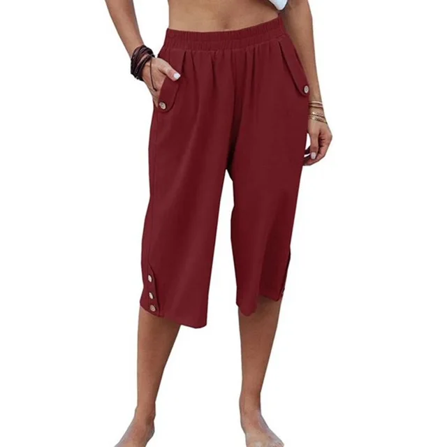 Solid Color Sports Casual Cropped Pants Cotton Linen Loose Women's Pants Wine Red - Shop at LoveMi