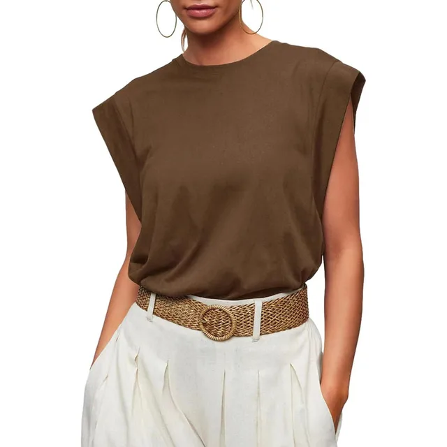 Round Neck Loose Short Sleeves T shirt Striped Top Women's Vest Brown - Shop at LoveMi