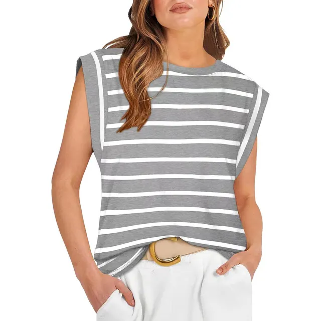 Round Neck Loose Short Sleeves T shirt Striped Top Women's Vest Gray Stripes - Shop at LoveMi