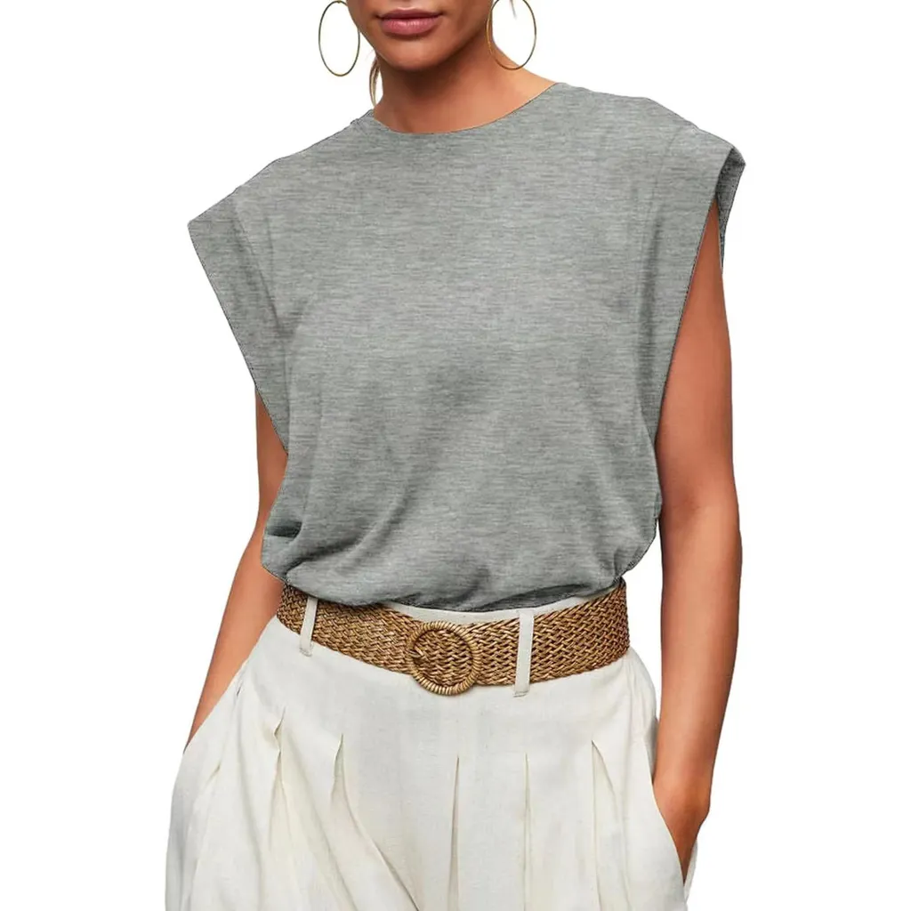 Round Neck Loose Short Sleeves T-shirt Striped Top Women's Vest - Grey