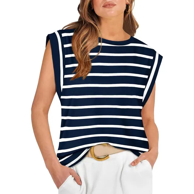 Round Neck Loose Short Sleeves T shirt Striped Top Women's Vest Navy Blue Stripes - Shop at LoveMi