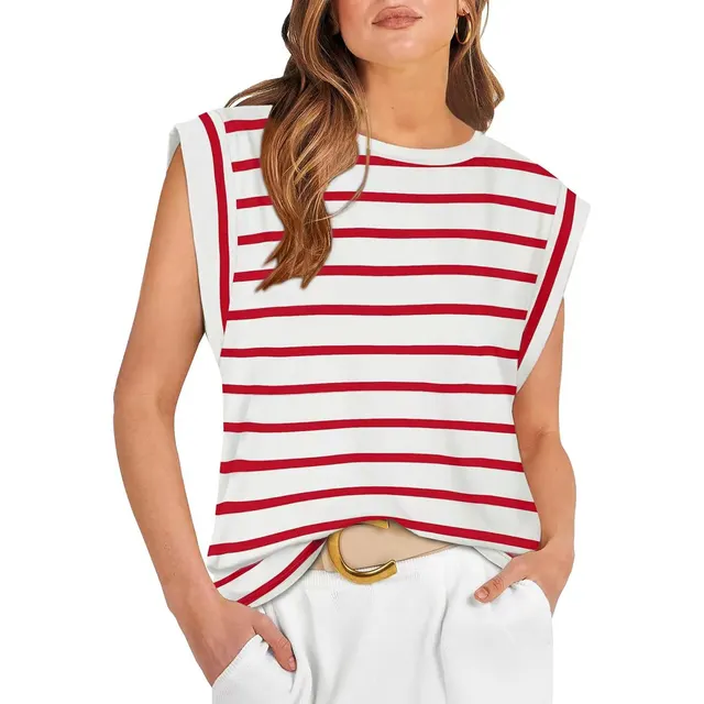 Round Neck Loose Short Sleeves T shirt Striped Top Women's Vest Red Stripes - Shop at LoveMi