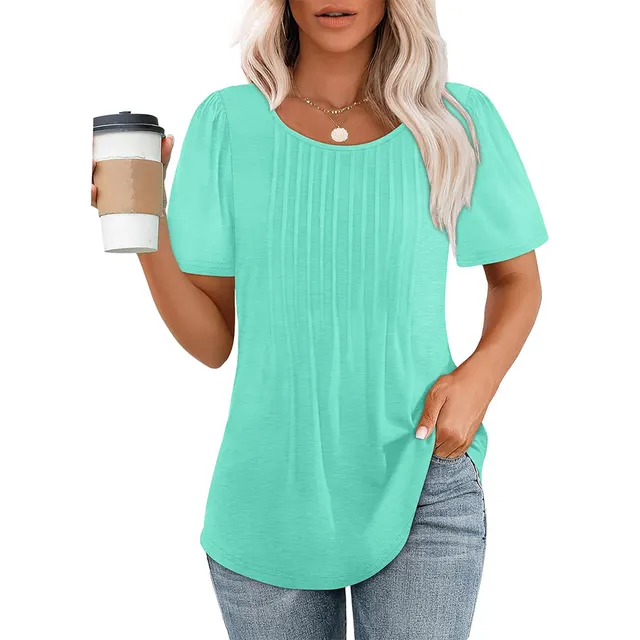 Pleated Round Neck Short sleeved T shirt Women's Top Light Green - Shop at LoveMi