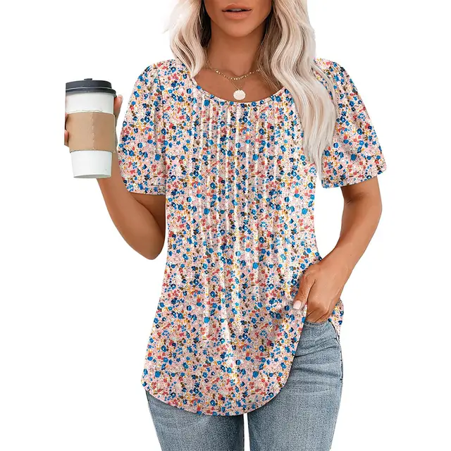 Pleated Round Neck Short sleeved T shirt Women's Top Yellow Flower - Shop at LoveMi