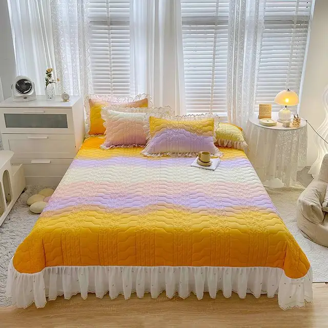 Cotton Lace Embroidery Quilted Bed Cover Series Three piece Set Apricot Yellow - Shop at LoveMi