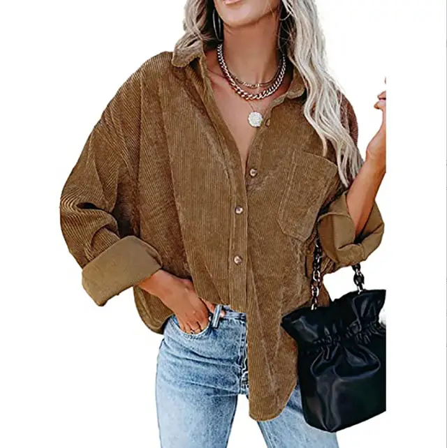 Women's Shirt Solid Color Polo Collar Corduroy Casual Coat Brown - Shop at LoveMi