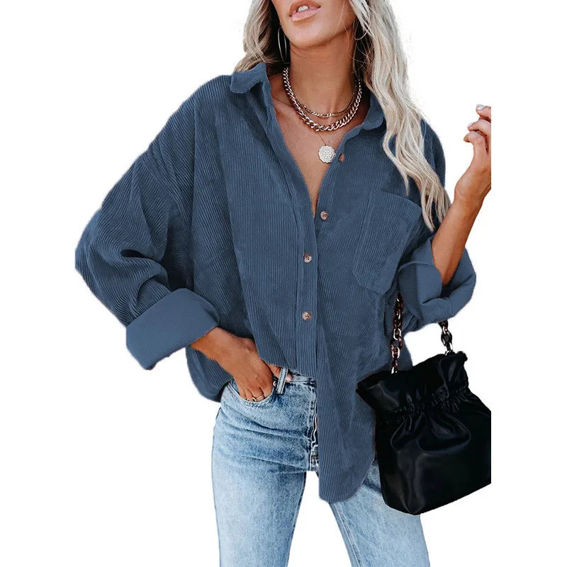 Women's Shirt Solid Color Polo Collar Corduroy Casual Coat Light Blue - Shop at LoveMi
