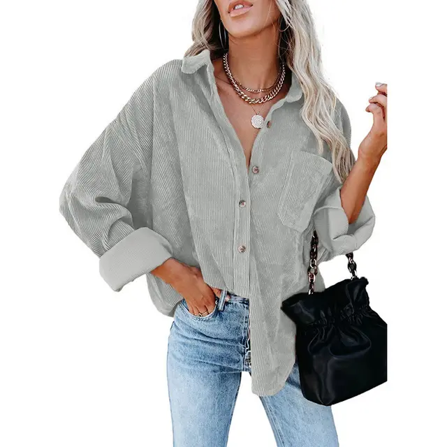 Women's Shirt Solid Color Polo Collar Corduroy Casual Coat Light Gray - Shop at LoveMi