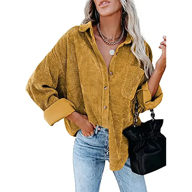 Women's Shirt Solid Color Polo Collar Corduroy Casual Coat Yellow - Shop at LoveMi