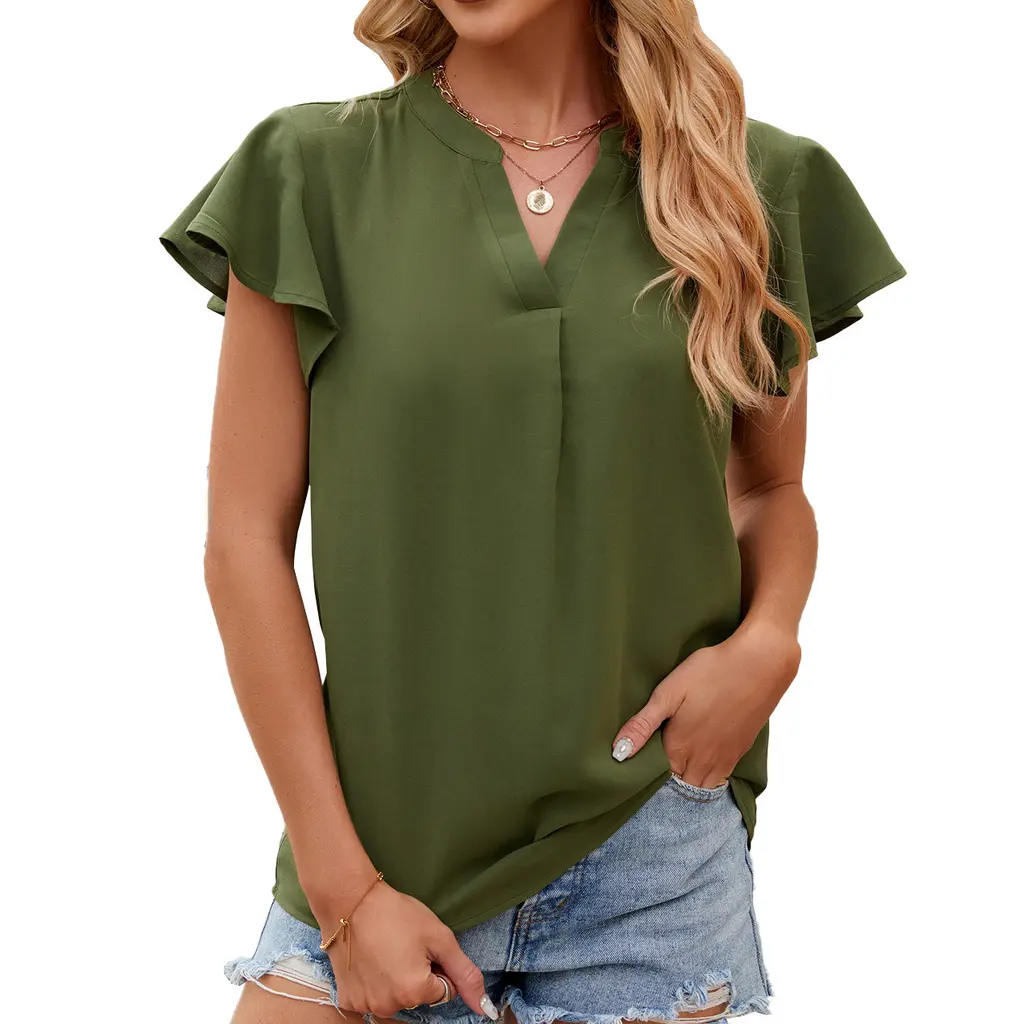 V-neck Ruffled Sleeve Solid Color Short Sleeve Chiffon Loose Top - Army Green