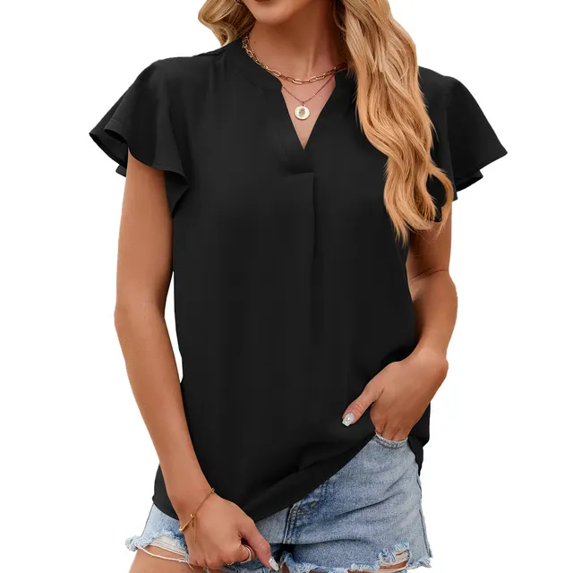 V neck Ruffled Sleeve Solid Color Short Sleeve Chiffon Loose Top Black - Shop at LoveMi