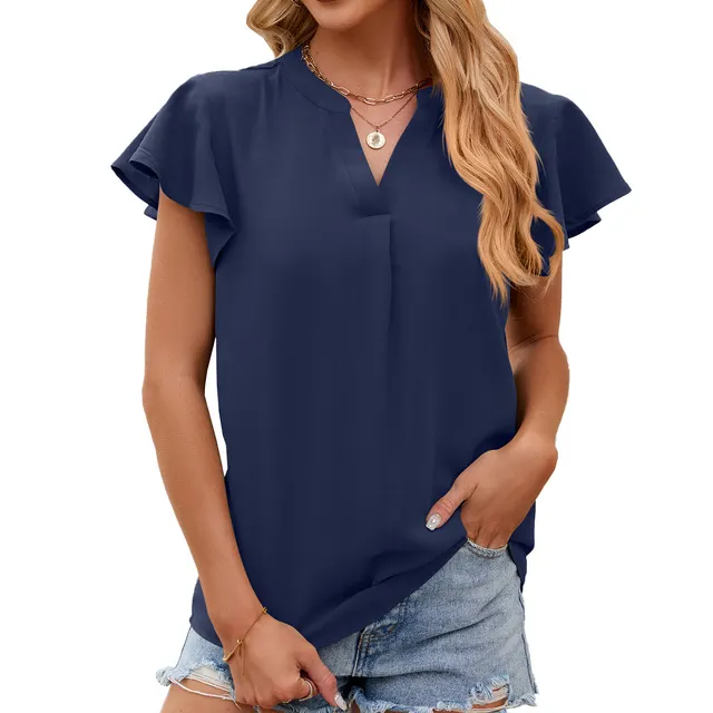 V neck Ruffled Sleeve Solid Color Short Sleeve Chiffon Loose Top Navy Blue - Shop at LoveMi