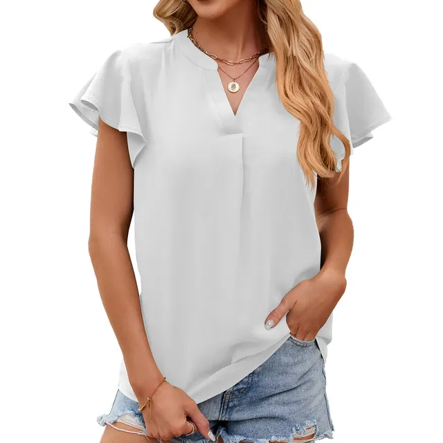 V neck Ruffled Sleeve Solid Color Short Sleeve Chiffon Loose Top White - Shop at LoveMi