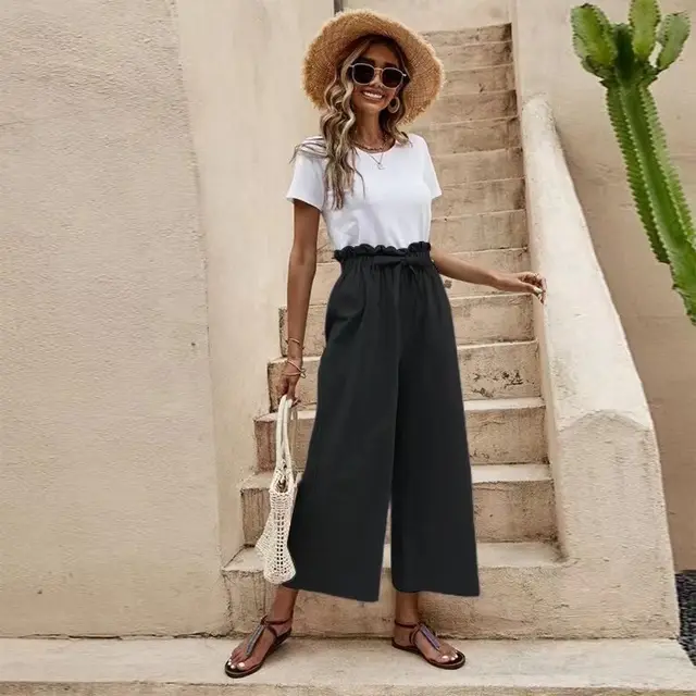 Elastic Waist Solid Color Cotton And Linen Belt Wide Leg Pants Loose Cropped Pants Black - Shop at LoveMi