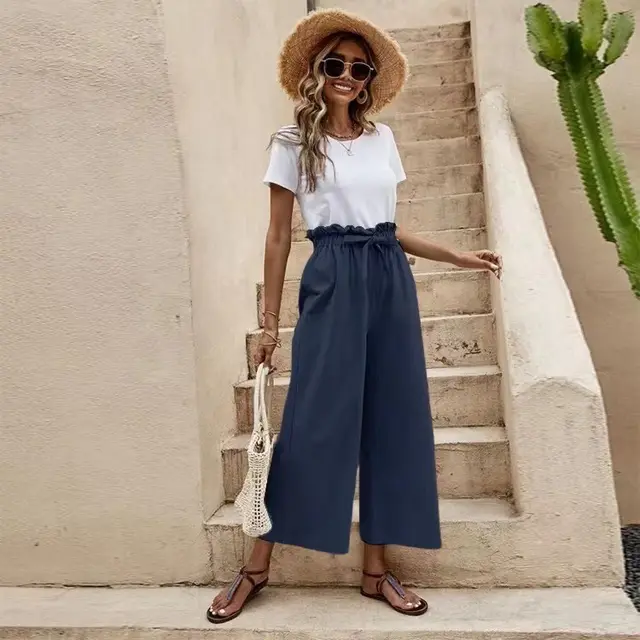 Elastic Waist Solid Color Cotton And Linen Belt Wide Leg Pants Loose Cropped Pants Dark Blue - Shop at LoveMi