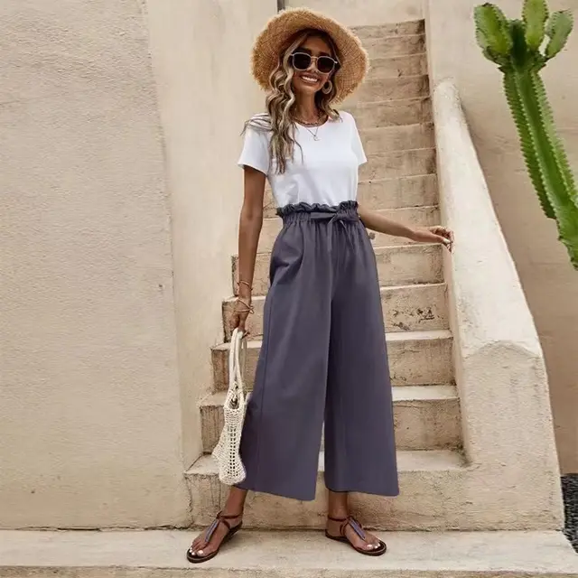 Elastic Waist Solid Color Cotton And Linen Belt Wide Leg Pants Loose Cropped Pants Dark Gray - Shop at LoveMi