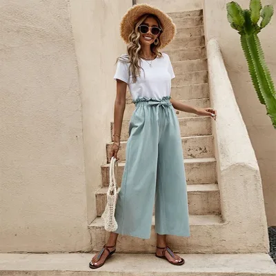 Elastic Waist Solid Color Cotton And Linen Belt Wide Leg Pants Loose Cropped Pants Green - Shop at LoveMi