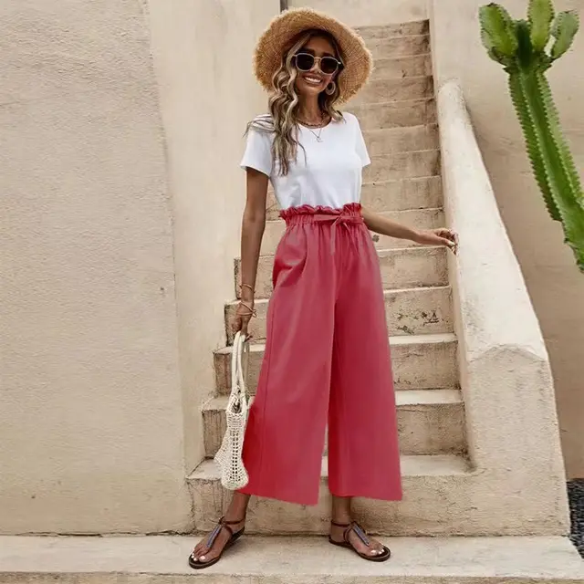 Elastic Waist Solid Color Cotton And Linen Belt Wide Leg Pants Loose Cropped Pants Wine Red - Shop at LoveMi