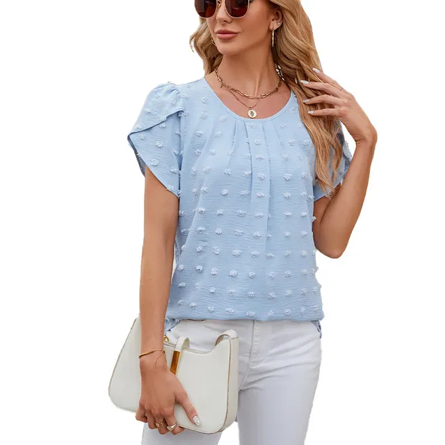 Jacquard Round Neck Petal Sleeve Solid Color Fur Ball Chiffon Shirt Top Blue - Shop at LoveMi