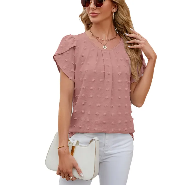 Jacquard Round Neck Petal Sleeve Solid Color Fur Ball Chiffon Shirt Top Pink - Shop at LoveMi