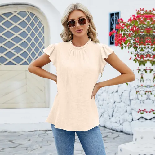 Solid Color Pleated Casual Short sleeved Women's Top Apricot - Shop at LoveMi