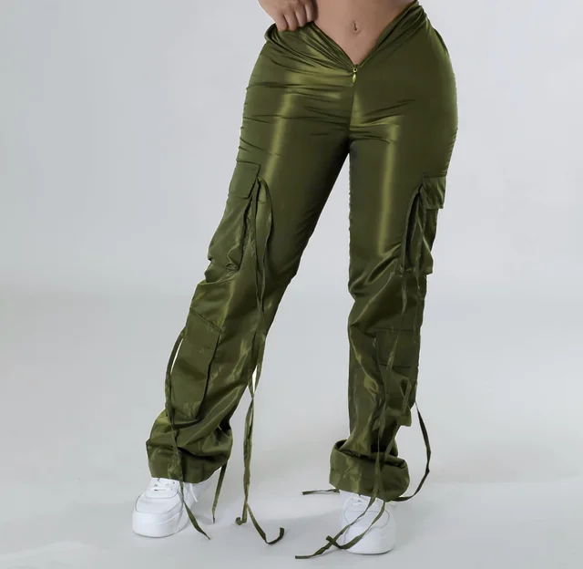 Women's Zipper Closure Strap Solid Color Green Casual Trousers Army Green - Shop at LoveMi