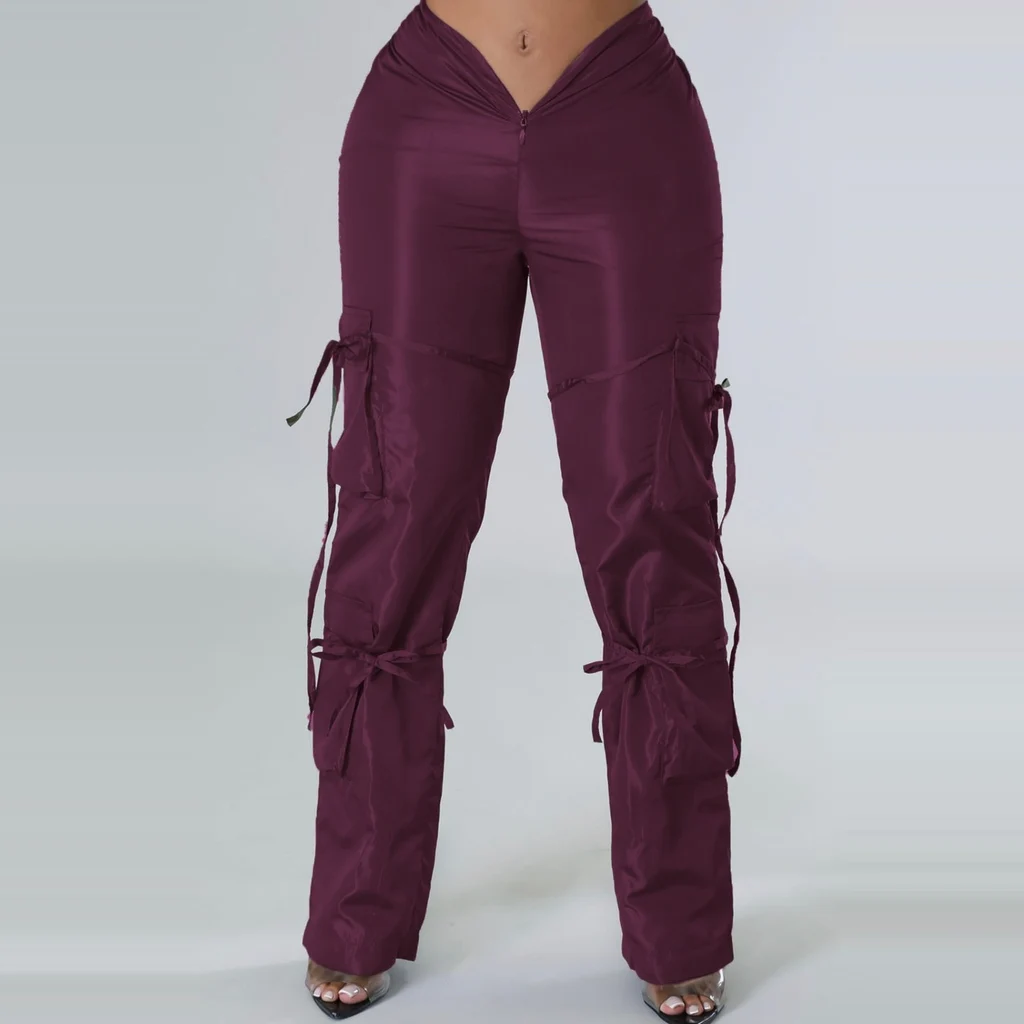 Women's Zipper Closure Strap Solid Color Green Casual Trousers - Wine Red