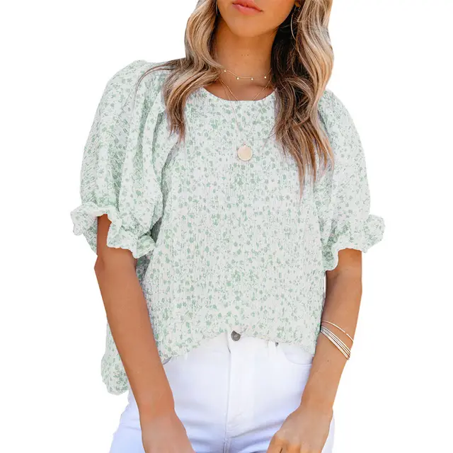 Women's Short Sleeve Round Neck Printed Puff Sleeve Chiffon Top Green - Shop at LoveMi
