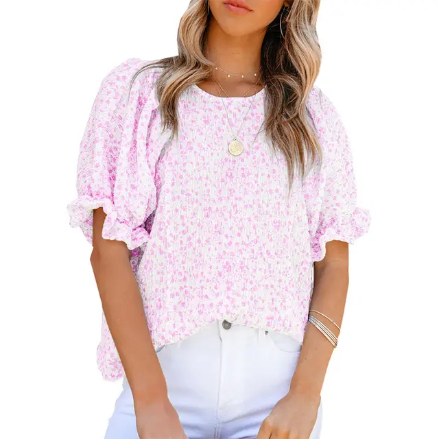 Women's Short Sleeve Round Neck Printed Puff Sleeve Chiffon Top Pink - Shop at LoveMi