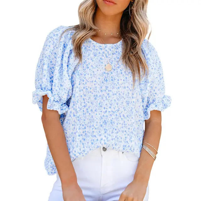 Women's Short Sleeve Round Neck Printed Puff Sleeve Chiffon Top Sky Blue - Shop at LoveMi