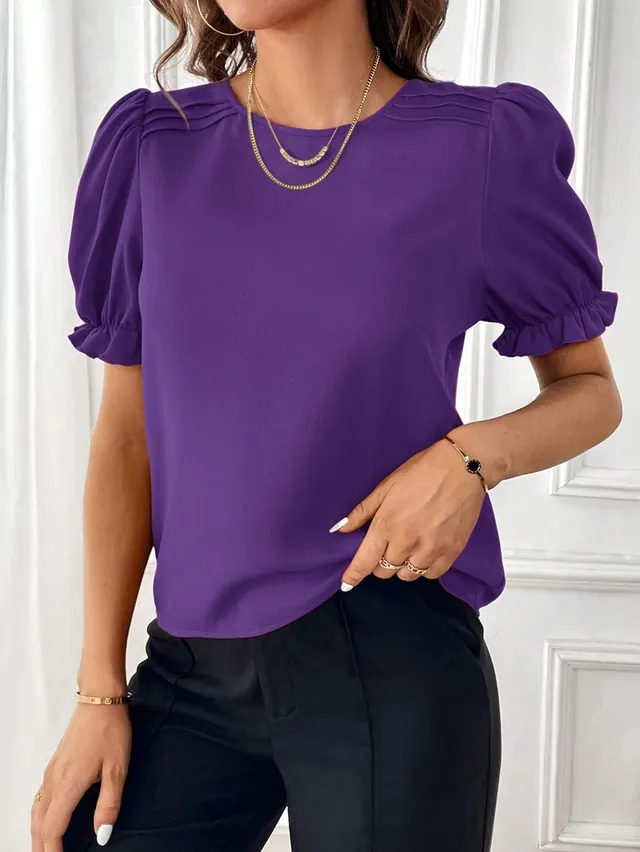 Fashion Temperament Pure Color Round Neck Shirt Top Purple - Shop at LoveMi