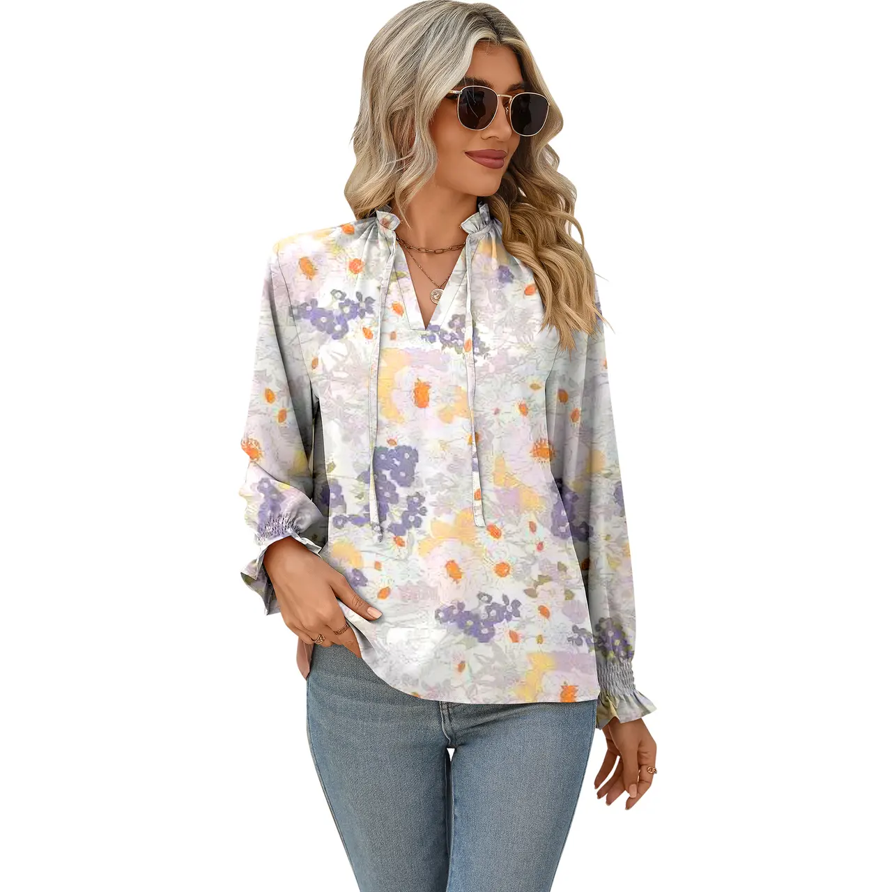 Women's V-neck Lace-up Printed Shirt Top - White Multicolored Flower