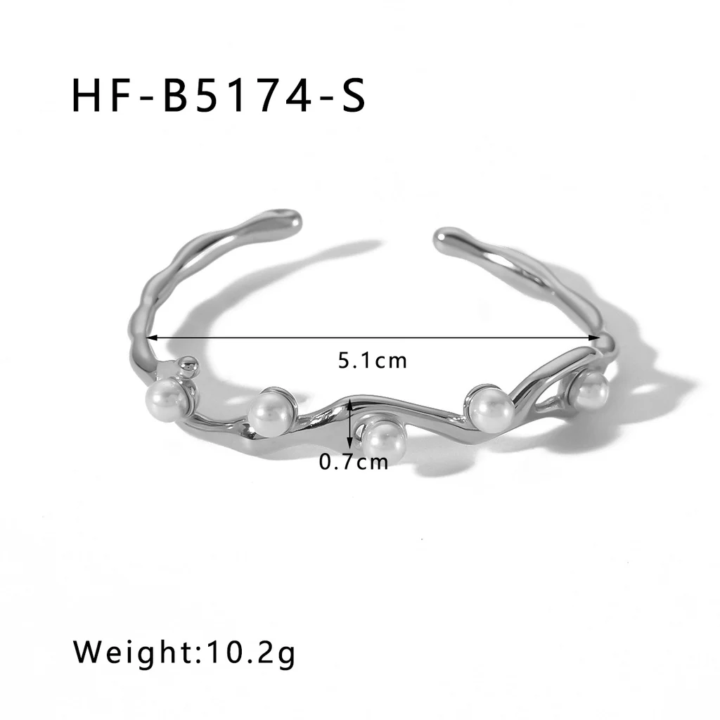 French Retro Style Stainless Steel Inlaid Pearl Opening Bracelet - Silver