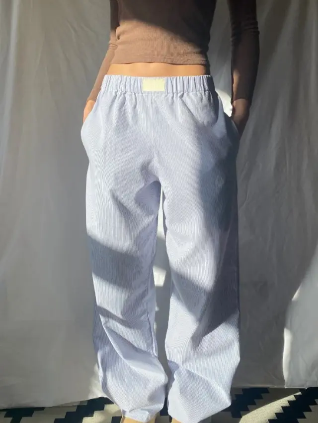 Vertical Stripes Stitching Waist Elastic Wide Leg Pants Fake Two Pieces Blue Stripe - Shop at LoveMi
