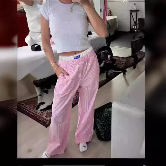 Vertical Stripes Stitching Waist Elastic Wide Leg Pants Fake Two Pieces Pink - Shop at LoveMi