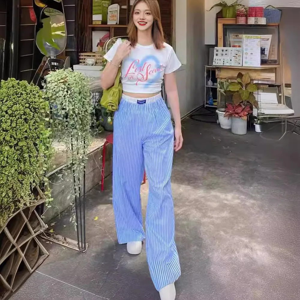 Vertical Stripes Stitching Waist Elastic Wide Leg Pants Fake Two Pieces - Sky Blue