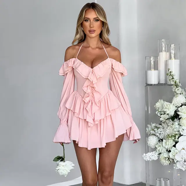 Women's Ruffled Long sleeved One piece Shorts Pink - Shop at LoveMi