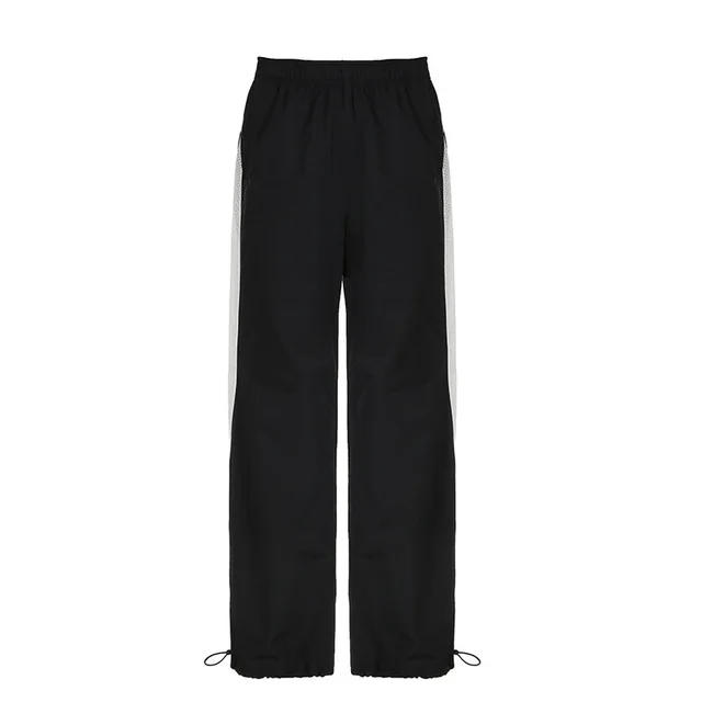 American Street Style Stitching Lightweight Woven Pants Low Waist Loose Casual Pants Black - Shop at LoveMi