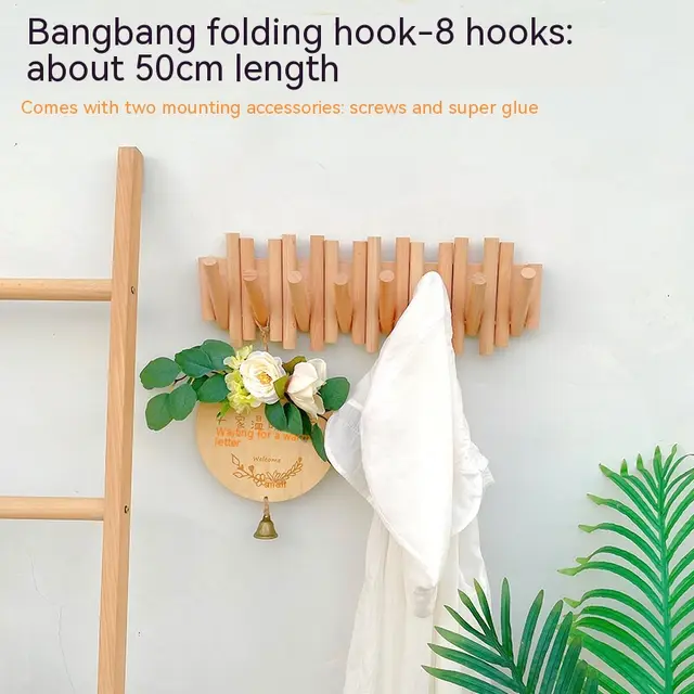 Solid Wood Punch free Seamless Entrance Door Rear Wall Strong Glue Folding Clothes Rack Creative Row Hook Stick Hook 8 Hooks - Shop at LoveMi