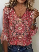 V-neck Flared Sleeves Printed T-shirt Top - Red