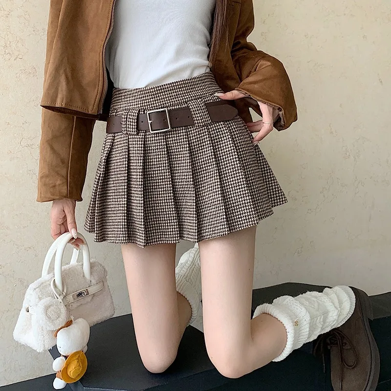 Retro Brown Houndstooth Design A Line Skirt Coffee - Shop at LoveMi