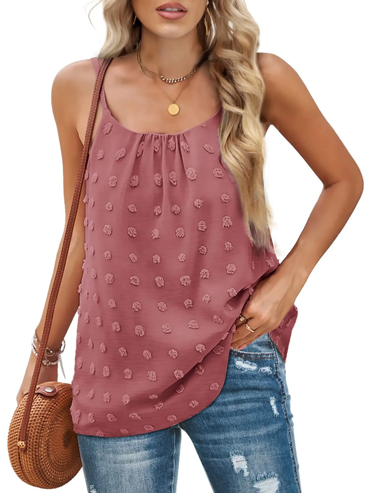 Women's Round Neck Pompon Sleeveless Adjustable Camisole - Pink