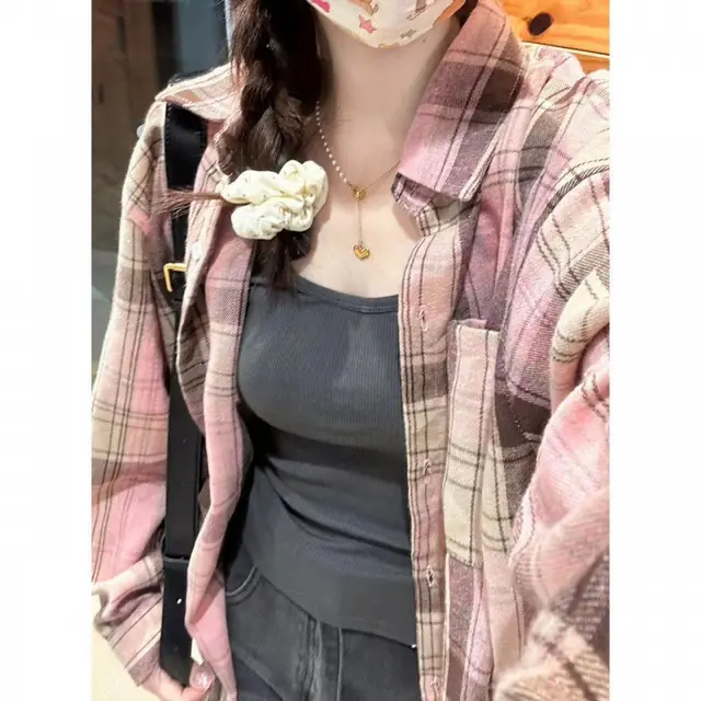 Female Dopamine Tender Plaid Shirt Coat 095 Pink Green Plaid - Shop at LoveMi