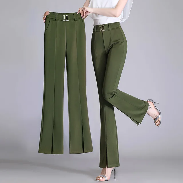 Women's Fashion High Waist Slimming Bell bottom Pants Olive Green Nine Point Pants - Shop at LoveMi