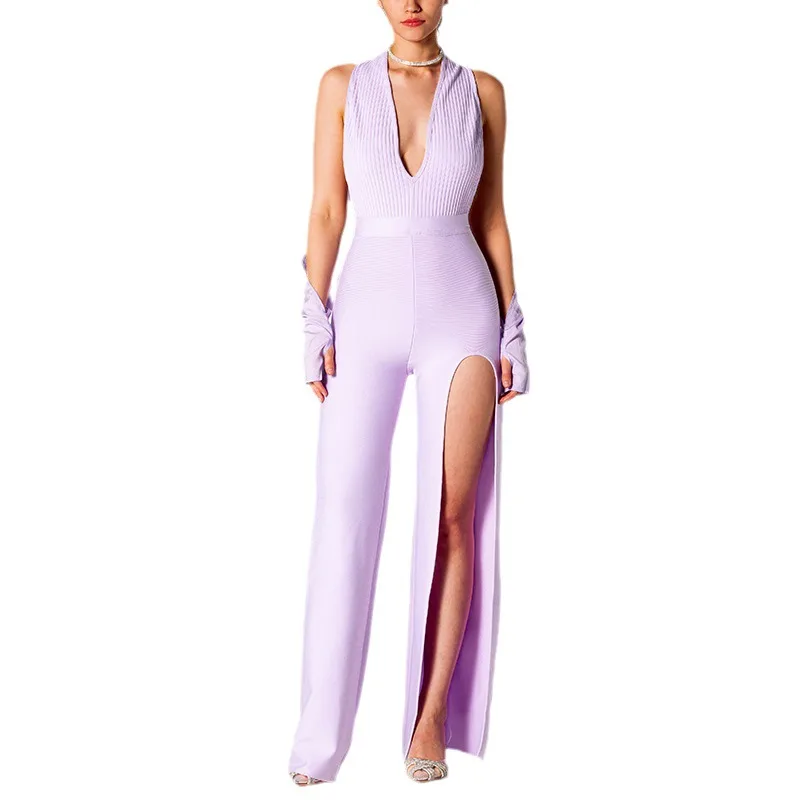 Summer Backless Halter V neck Slimming Backless Slit Jumpsuit Light Purple - Shop at LoveMi