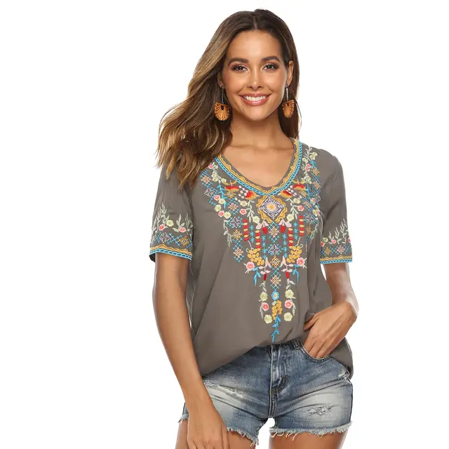 European And American Embroidered V neck Top Gray - Shop at LoveMi